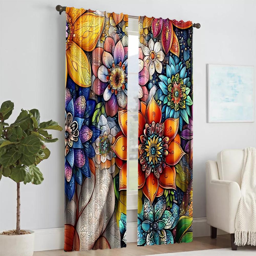 2 Stück Blumige Boho-Fenstervorhänge Bohemian Buntes Blumenmuster Fensterbehänge für Zuhause Schlafzimmer Wohnzimmer Küche Zuhause