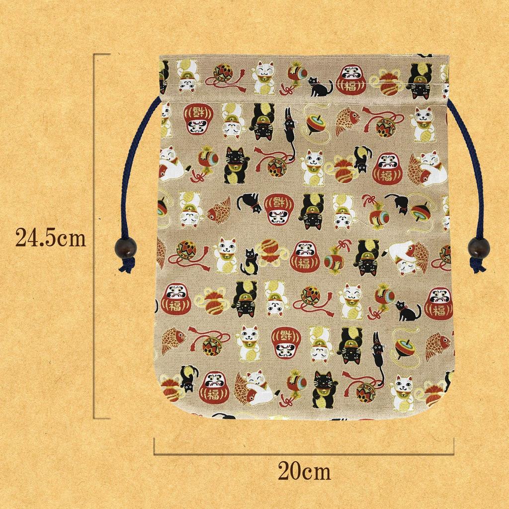 [LamPlanning] Poitto. Kordelzugbeutel, Stempelbuchhülle, Japanisches Zubehör, Hergestellt in Japan, Daifuku-Katzen-Design, Beige