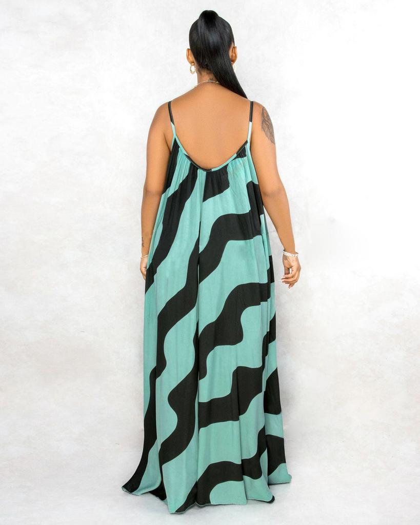 H153 Europäisches Sexy Damen Maxikleid mit unregelmäßigem Print und Spaghettiträgern