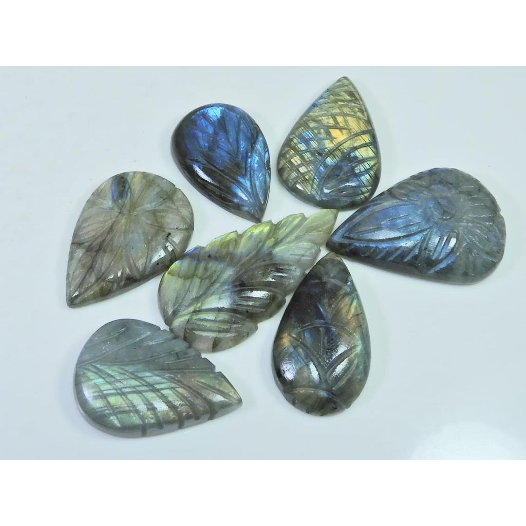 260Cts. Natural Labradorite Carving Pear Cabochon Loose Gemstone 07Pcs Lot LL-1140