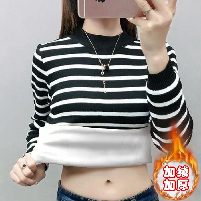 

Compound fleece thermal fleece T-shirt for female students thickened autumn and winter striped long-sleeved semi-turtleneck bottoming shirt 3XL чорний