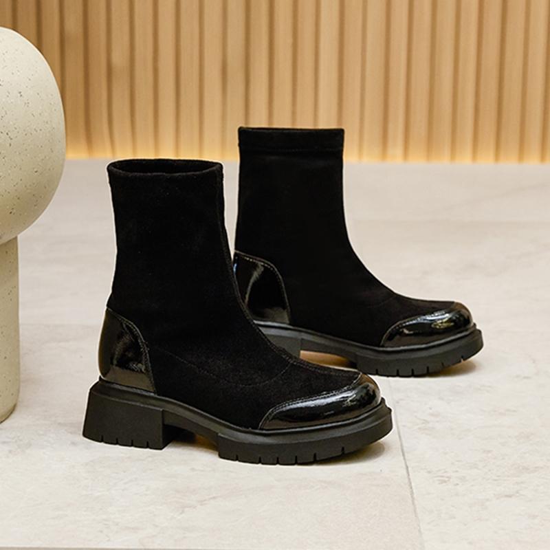 

Женские ботильоны и короткие сапоги Замшевые на толстой подошве Эластичные ботинки Женские большого размера Натягивающиеся Осенняя женская обувь 34 чёрный