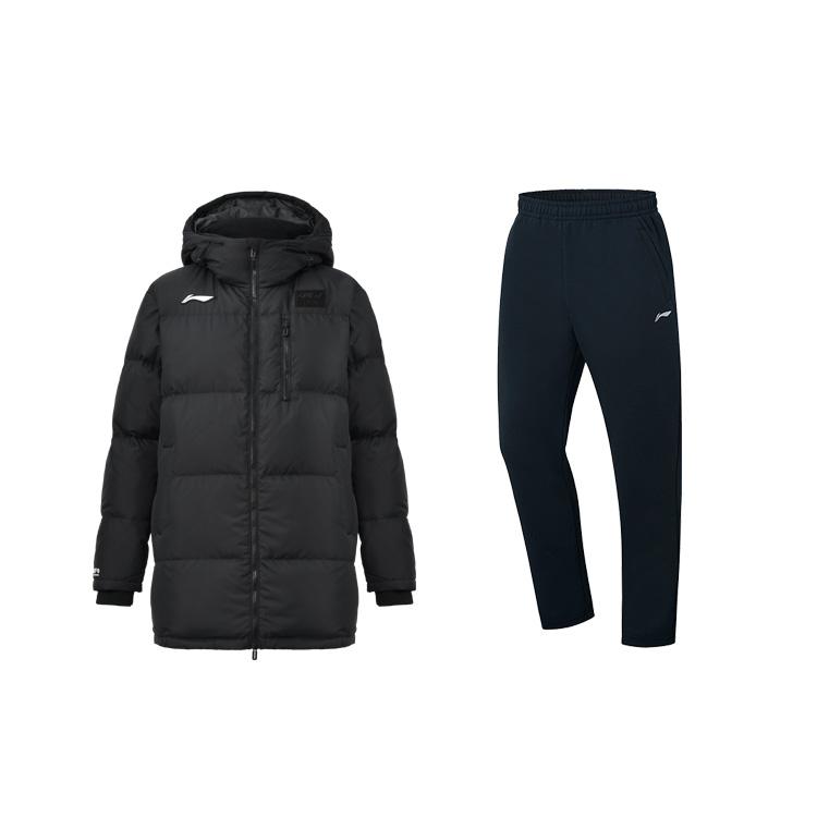 

Li-Ning Fleece Lined Thick Hooded Loose Long Sleeve Top Comfortable Long Pants Casual Sports Suit Unisex suit Black AYMU721-1+AKLT243-1 S