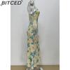 BITCED Spring Women's Fashion: Sensual Printed Strappy Waist-cinching Bodycon Maxi Halter Neck Dress