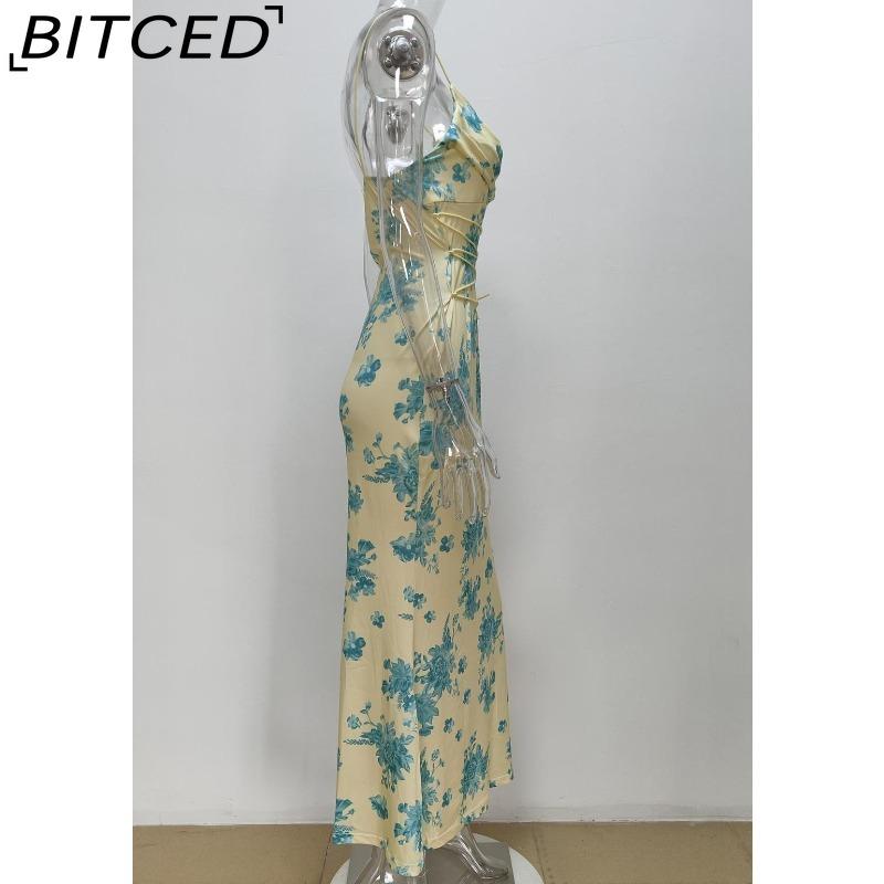BITCED Spring Women's Fashion: Sensual Printed Strappy Waist-cinching Bodycon Maxi Halter Neck Dress