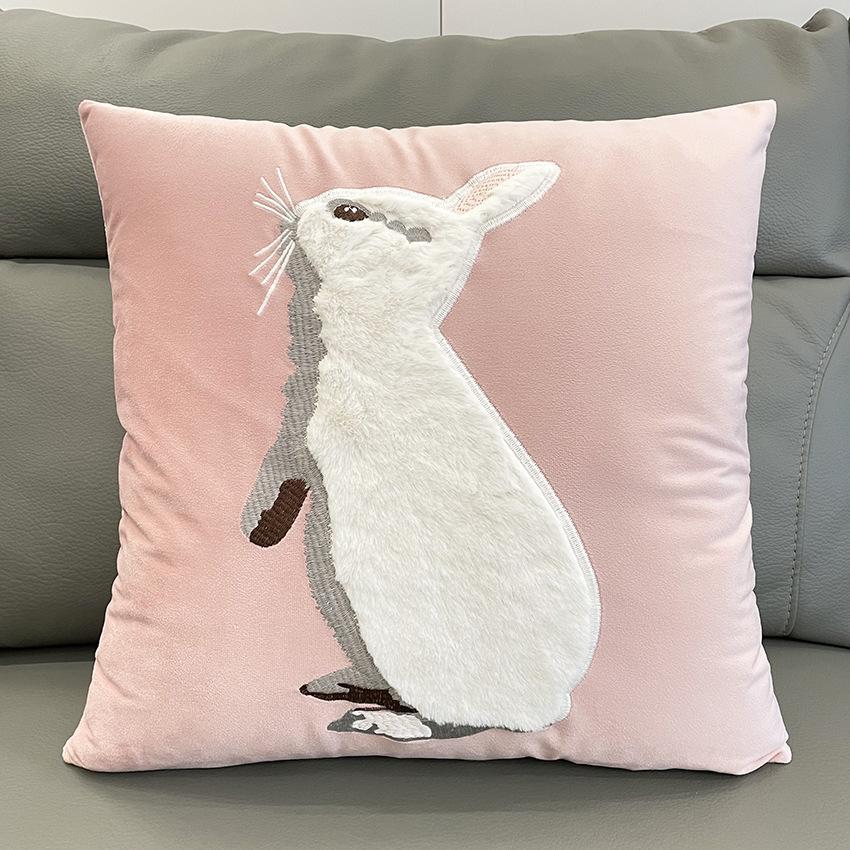 Soft Rabbit Pillow Cover Sofa Cushion Velvet Embroidered Pillow Girl Heart Pink Cartoon Pillow Cover Cute Premium