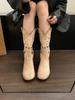 Fashion New Retro Women's Summer  Round Toe Chunky Heels Shoes Suede Western Boots Fashion with Hollow Design Cowboy Boots Shoes
