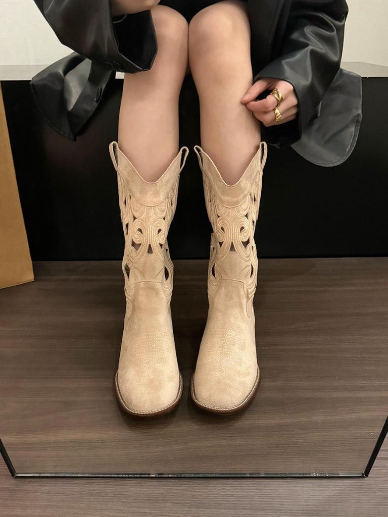 Fashion New Retro Women's Summer  Round Toe Chunky Heels Shoes Suede Western Boots Fashion with Hollow Design Cowboy Boots Shoes