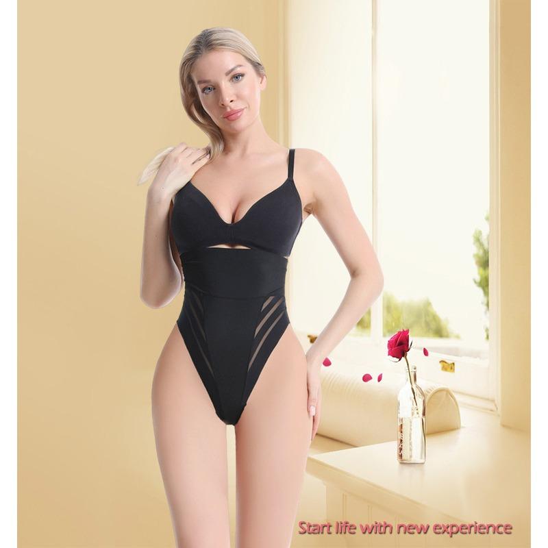 Women High Waist Striped Mesh Tummy Control Butt Lift T Back Thong Panty