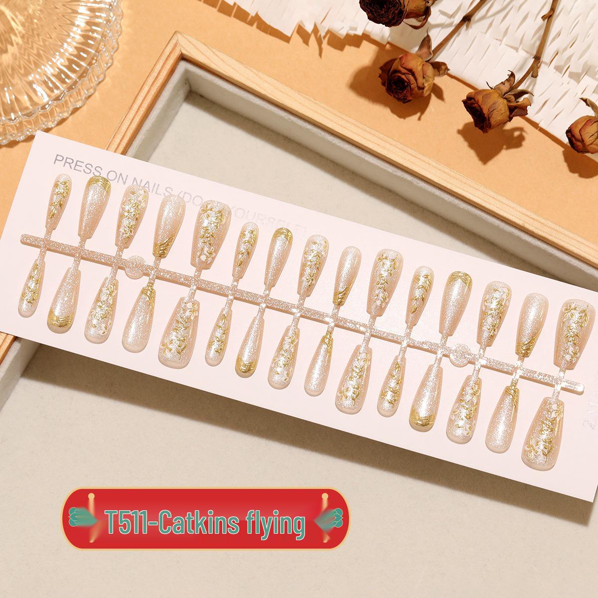 

T511# Willow Catkins Medium-Length Nail Tips with Gilded Small Flowers - 30 Pre-made Pieces Complete Pack M/M/M