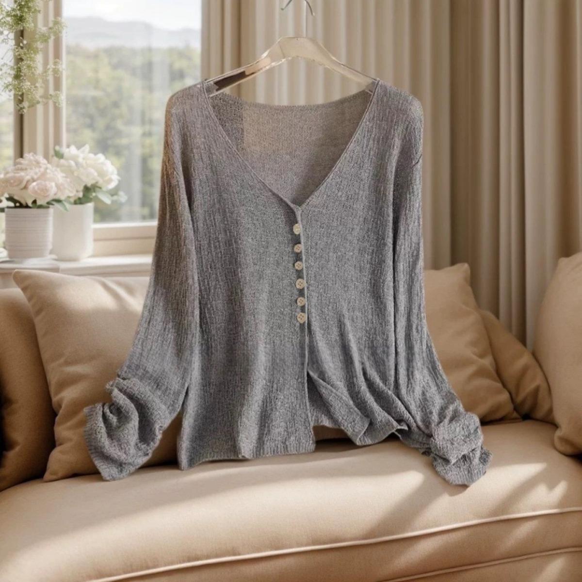 

Fashionable Lightweight V-neck Cardigan - Transparent Summer Long Sleeved Shawl, Women s Casual Sexy Style, Elegant Cardigan XL дубильна кора