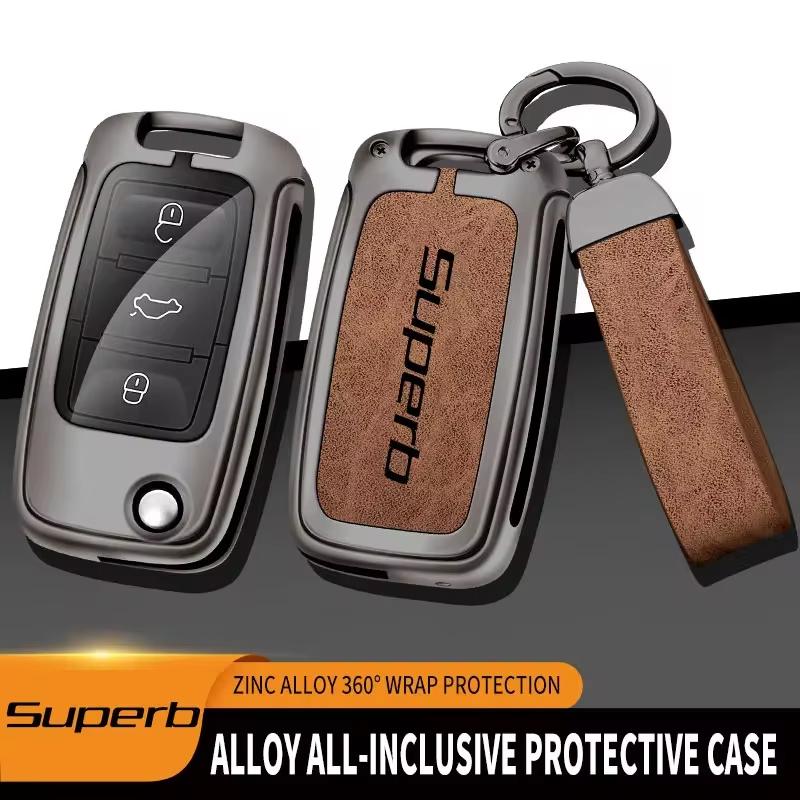 AAAJC1 Suitable for Skoda Superb 2 3 A7 car keychain zinc alloy key bag high-end genuine leather car key shell auto accessories