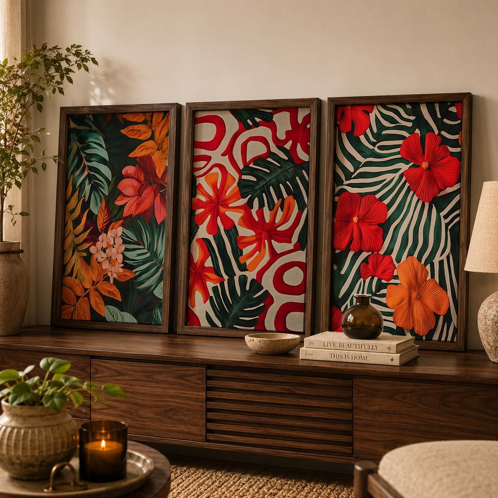 Boho Tropical Plant Wall Art, Vintage Jungle Leaves Canvas Painting, Botanical Poster Prints for Living Room Bedroom Wall Decor
