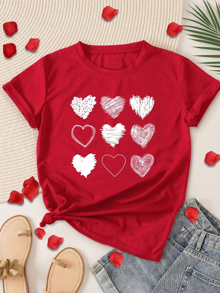 Red Heart Printed Women T-Shirts Fashion Streetwear Short Sleeve Clothing Casual Soft Women Tops Valentine's Day T-shirt