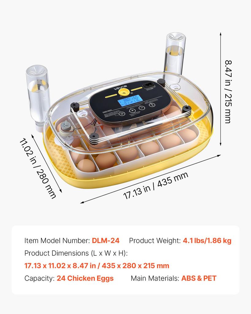 VEVOR 24 Egg Incubator, Automatic Egg Turner with LED Candler, Temperature & Humidity Control, 360 degrees View Clear Window, Auto Water Refill