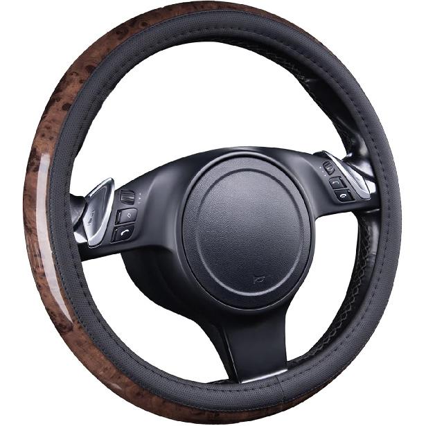CAR PASS Wood Grain Microfiber Leather Steering Wheel Cover, Universal Fit For 14 1/2-15 Inch Black Steering Wheel, Anti-Skip Ve Design,Cars,