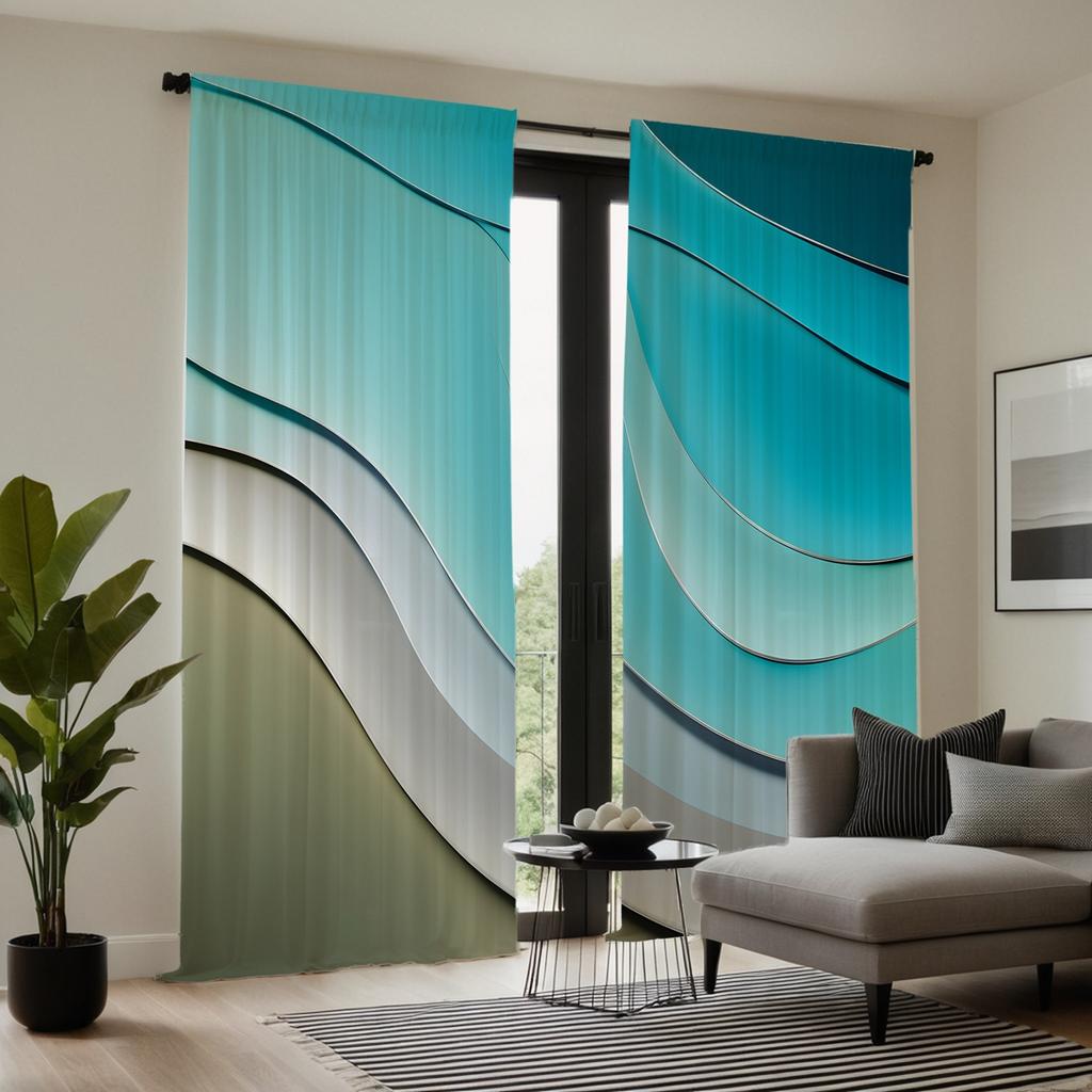 2pcs HD stereo wave beach decorative curtain Blue digital printed curtain Home decoration style decoration living room bedroo