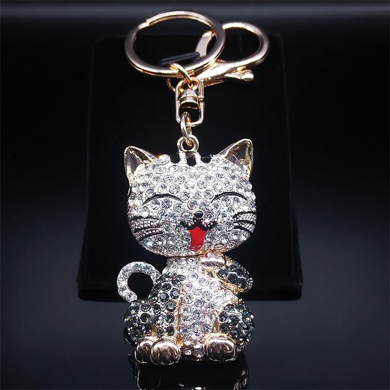Cartoon Kat Sleutelhanger Strass Goudkleurig Schattige Kitty Sleutelhanger Houder Creatief Cadeau Mode Sieraden llaveros para mujer white
