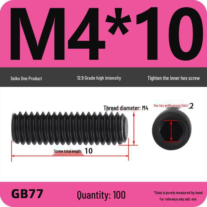 Class 12.9 Inner Hex Flat Head Headless Grub Screw M3-M12