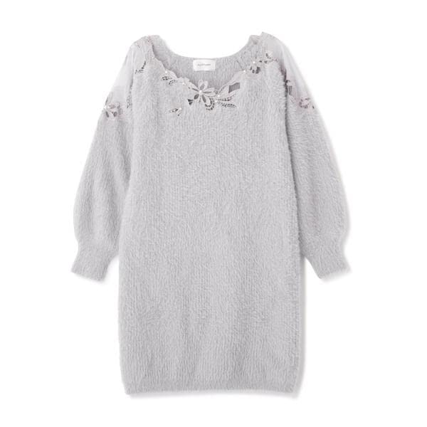 Jill by Jill Stuart Women's Casual Dress, Flower Pearl Embroidery Knit Dress, Light Gray, FR