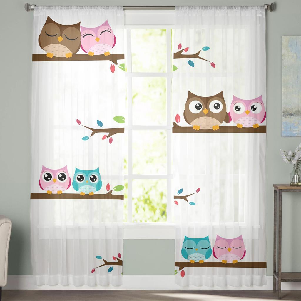 Cartoon Eulenpaar auf einem Ast Stehend Transparente Vorhänge für Wohnzimmer Tüll für Fenster Voile Garn Kurze Schlafzimmergardinen