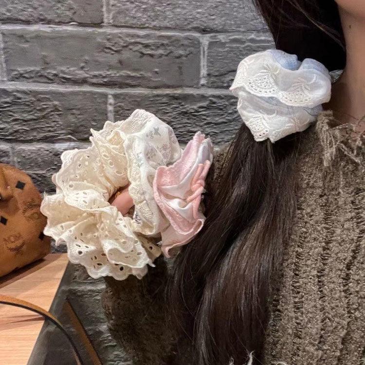 Korean Gingham Ballet Hair Tie - Cute Creamy Style Hair Rope with Lace Edge