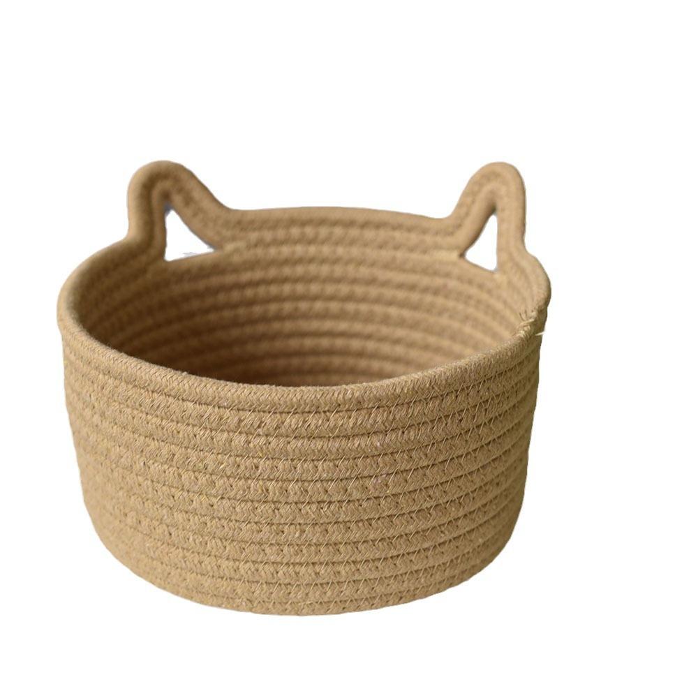 Cat Ear Storage Basket Handwoven Cotton Rope Round Bin Cute Home Organization for Bedroom Natural Style