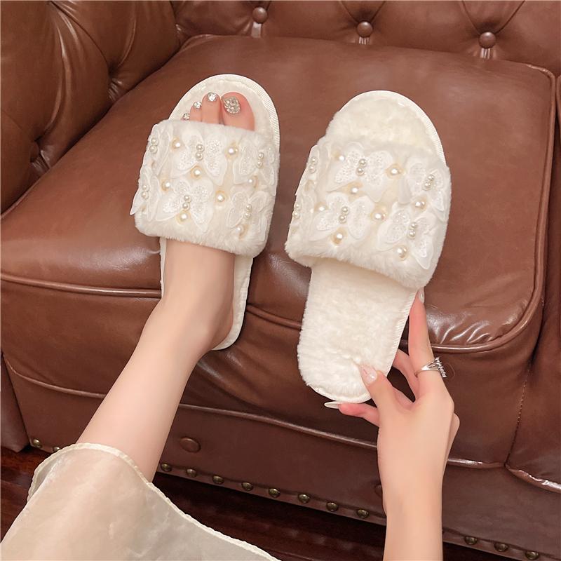 Modne Kapcie Damskie Codzienne Płaskie Niskie Obcasy Krótkie Pluszowe Futro Damskie Buty Wsuwane Sznurowane Koralik Perła Zimowe Buty Duży Rozmiar