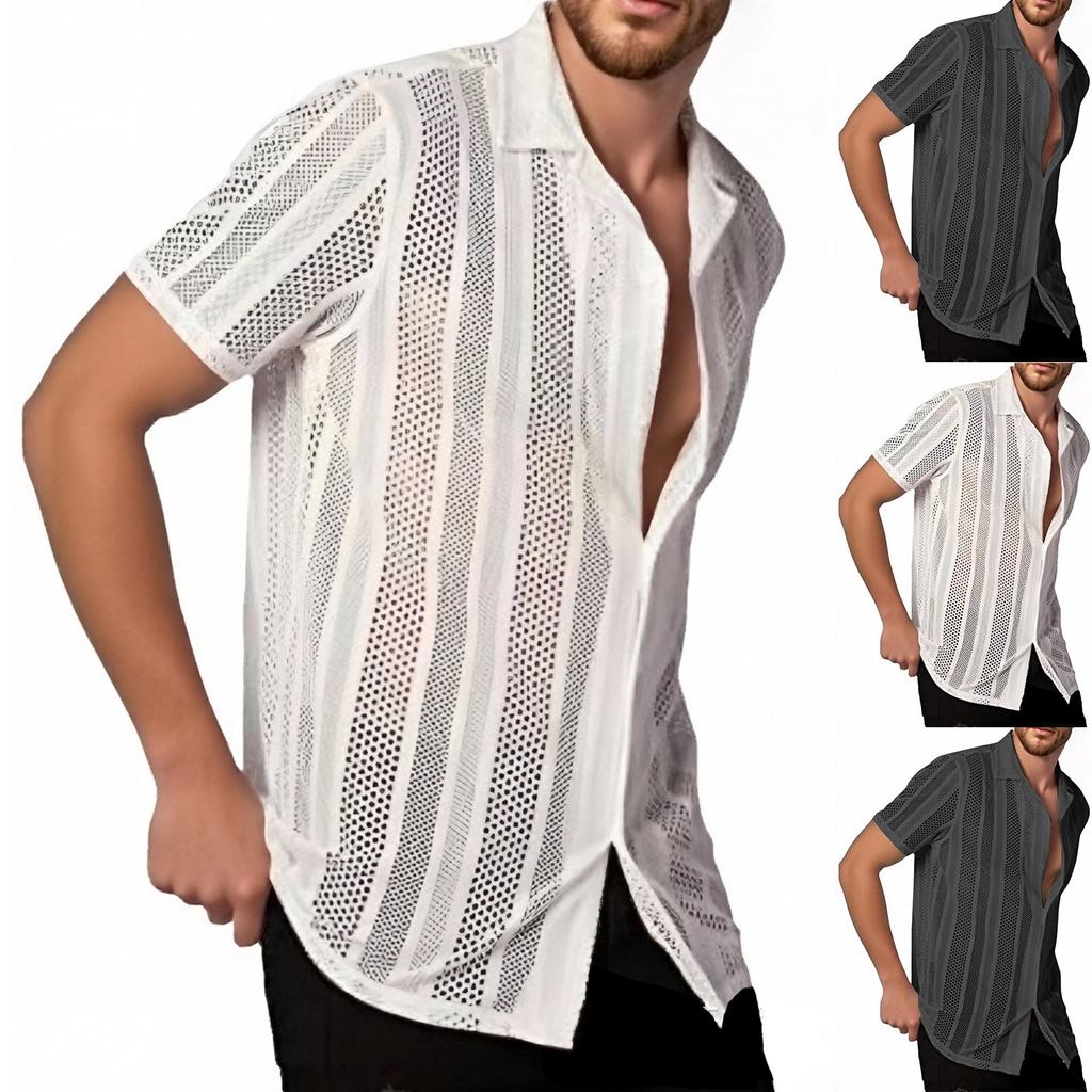 Men's Lace Short-sleeved Shirt With See-through Buttons, Holiday Casual Hollowed-out Top