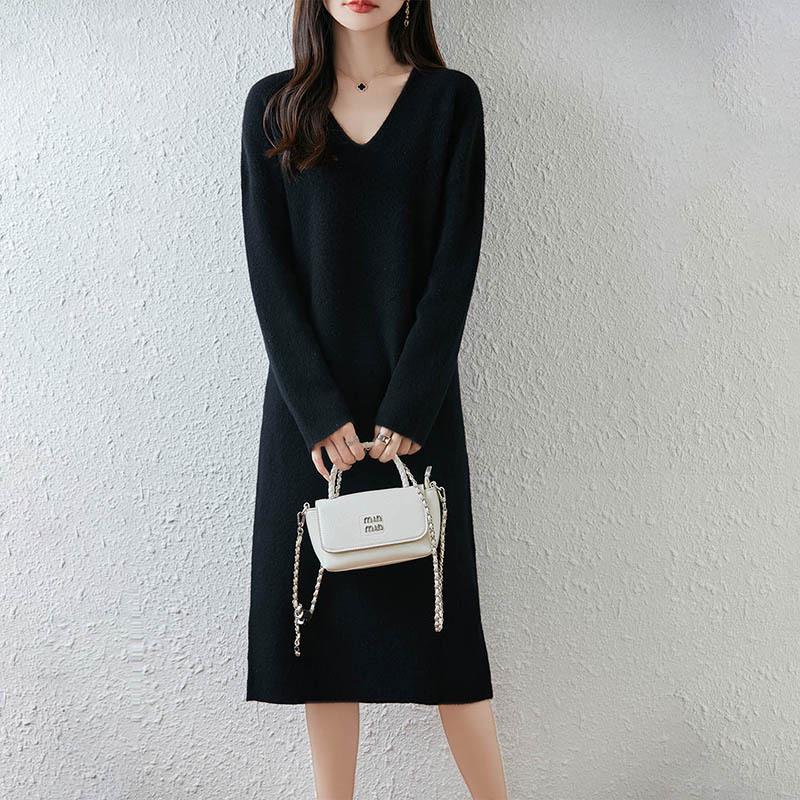 2025 Nowa Koreańska Sukienka Wełniana Dzianinowa o Długości Midi z Dekoltem V na Jesień i Zimę