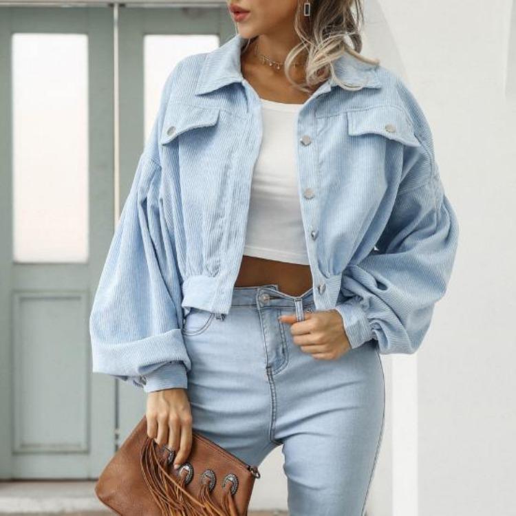 Giacca Corta in Velluto a Coste Vintage Autunnale da Donna Cappotto Monocolore Revers Manica a Lanterna Monopetto Capospalla