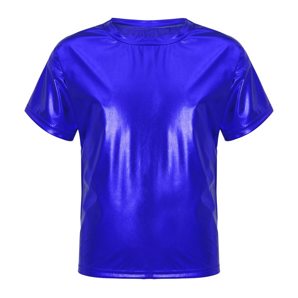 Kids Girls Boys Sparkling Short Sleeve Tops Fashion Round Neck T-shirt Dance Performance Costume