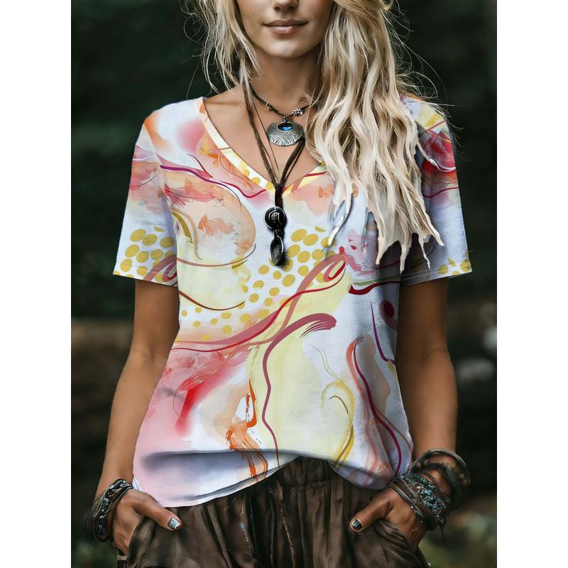 Womens V-Neck Short Sleeve Loose Fit T-Shirt With Floral Lake Scene Cartoon Bun Girl Print 2025 Casual Top
