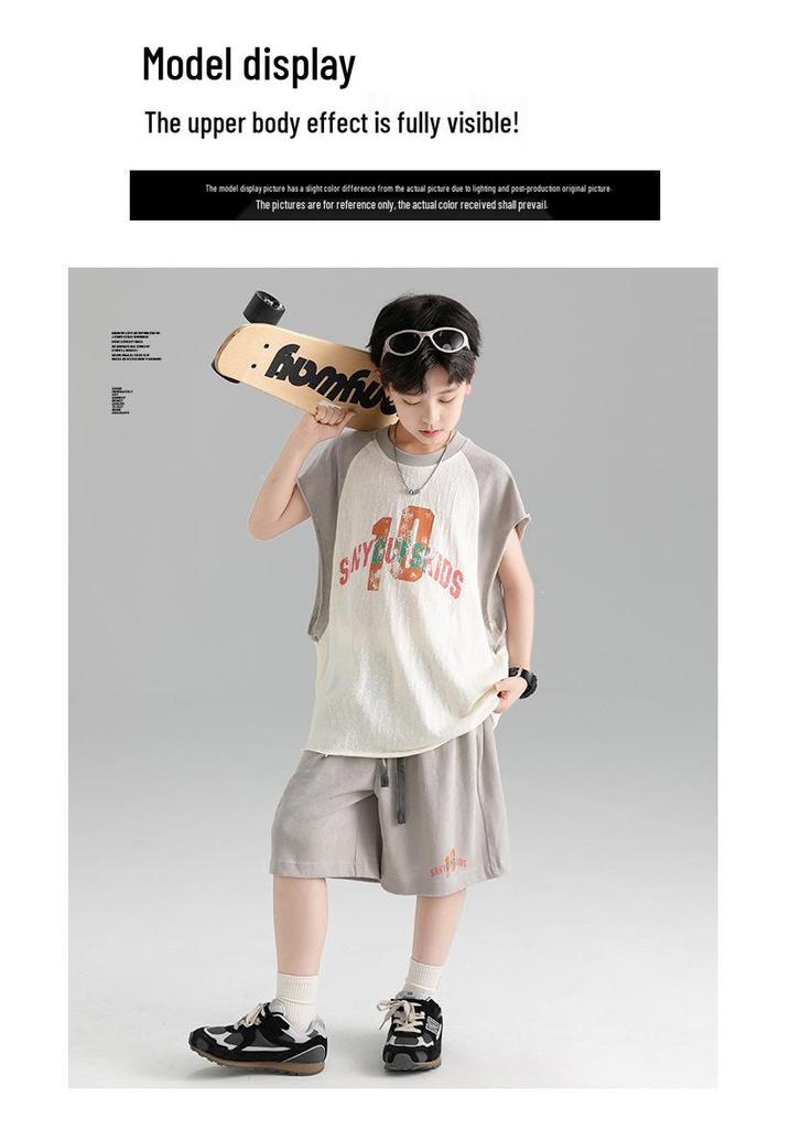 Color Block Boys' Korean Style Summer Sportswear Set - Loose Fit, Short Sleeve & Shorts, Medium/Large