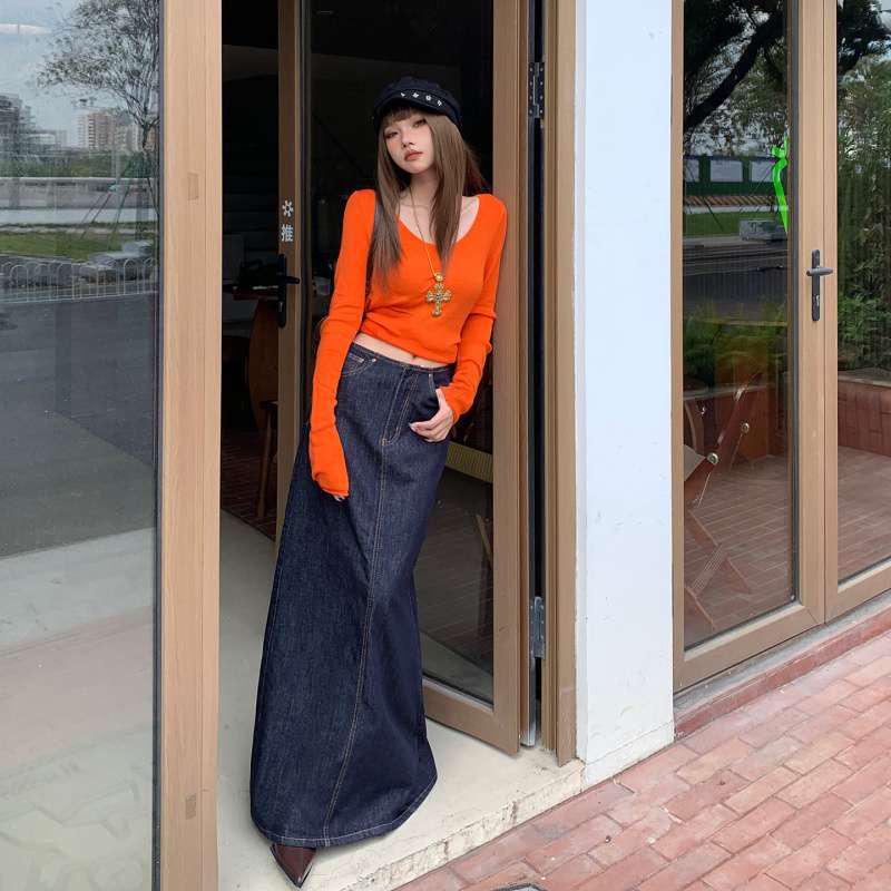 American Retro High-Waisted A-line Denim Skirt with Slit Extra Small