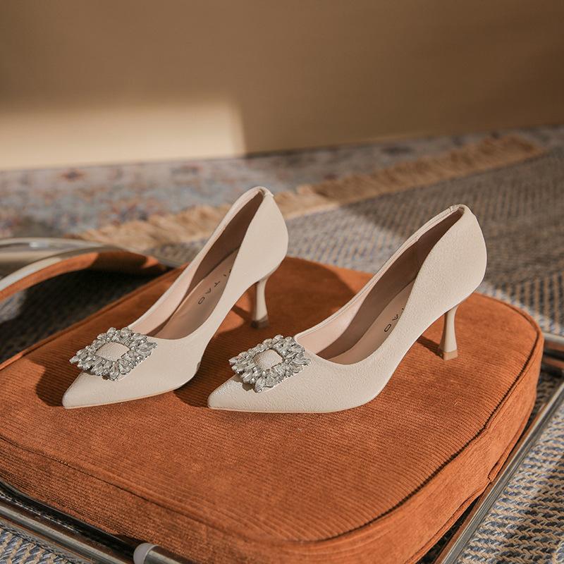 French high heels women's spring and summer new temperament soft leather non-grinding feet pointed thin heel rhinestone square buckle shoes