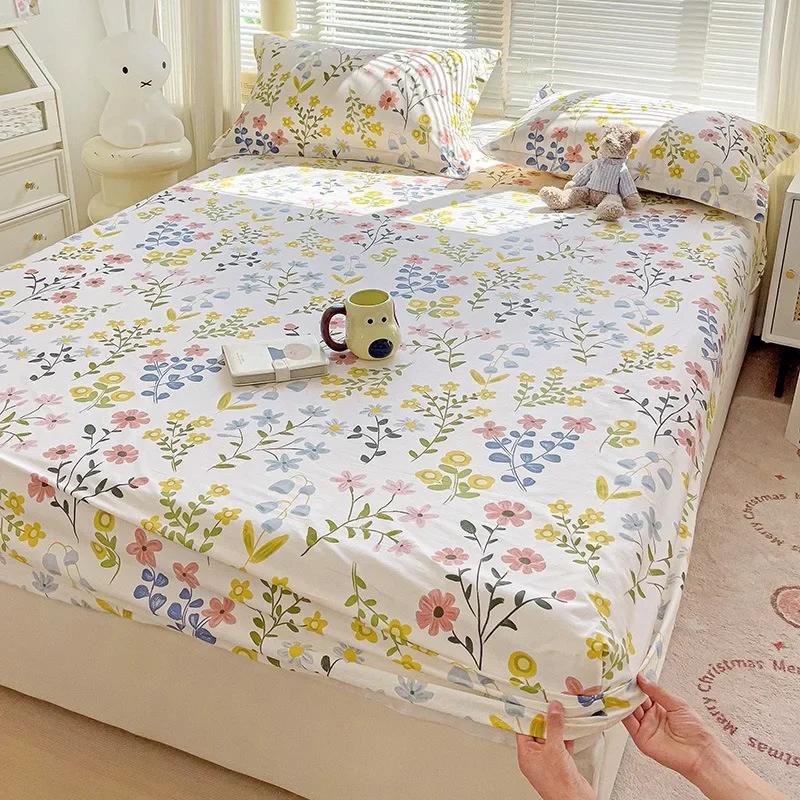 

100% Cotton Four Seasons Men and Women Simple Fashion Plant Printing Fitted Bed Sheet Home Bedroom Hotel and Pillowcase Included 2pcs-pillowcase
