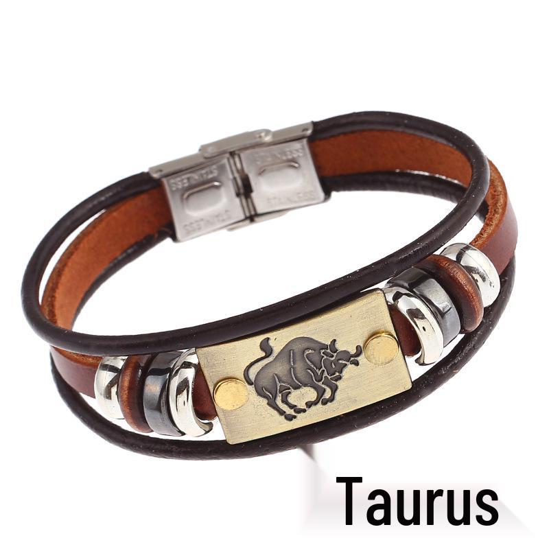 Twelve Constellations Cowhide Bracelet with Stainless Steel Buckle - Genuine Leather