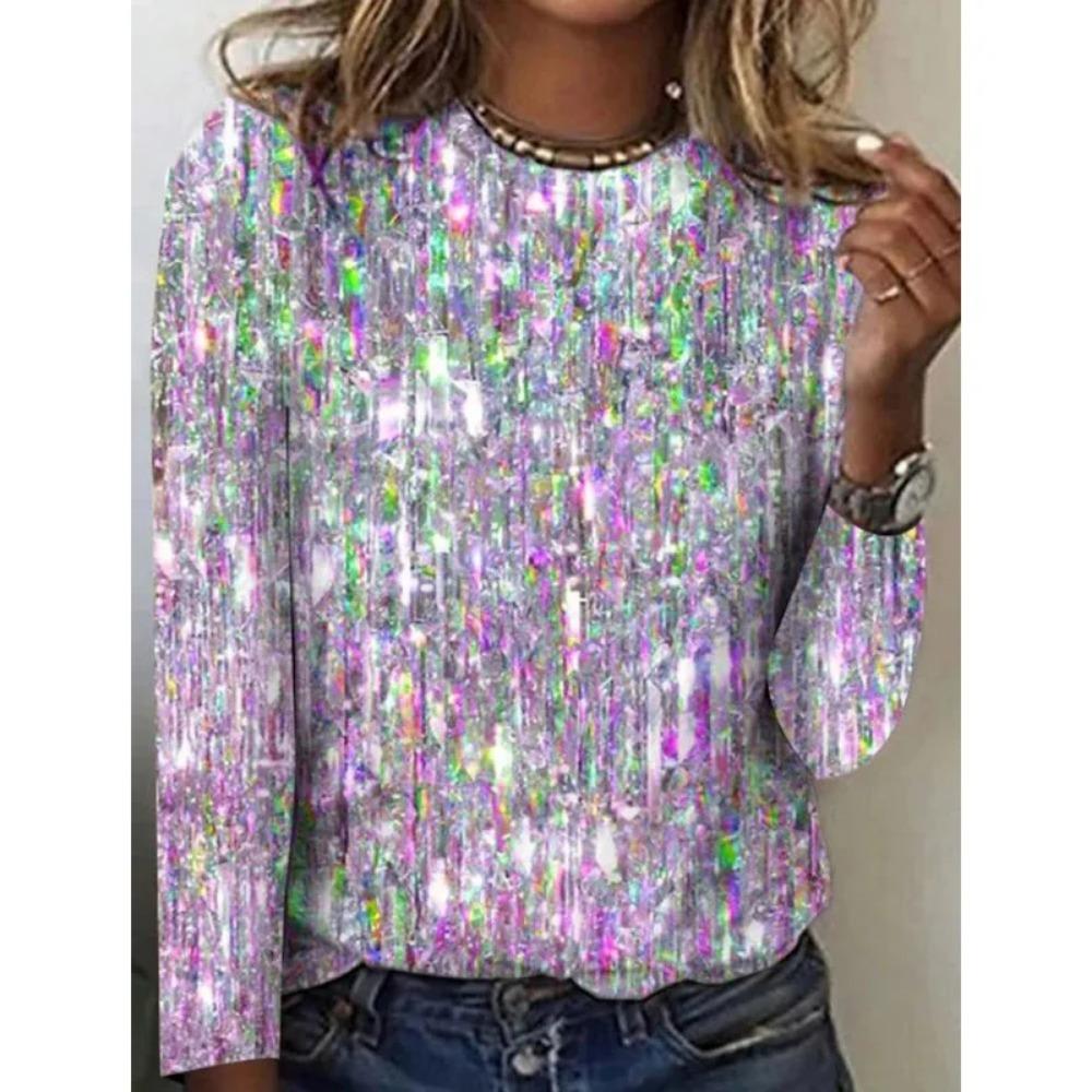 

Sequin 3D Digital Printed Women s Fashionable and Personalized Round Neck Long Sleeved T-shirt 4XL лиловый