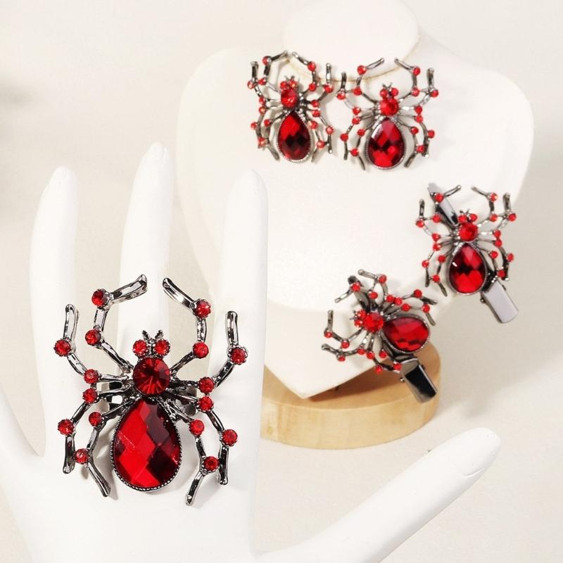 Diamond Spiders Shape Hairpin/Earring/Rings Set Halloween Hair Clip for Vacation Carnivals Ponytail Bangs Hairpin Girl
