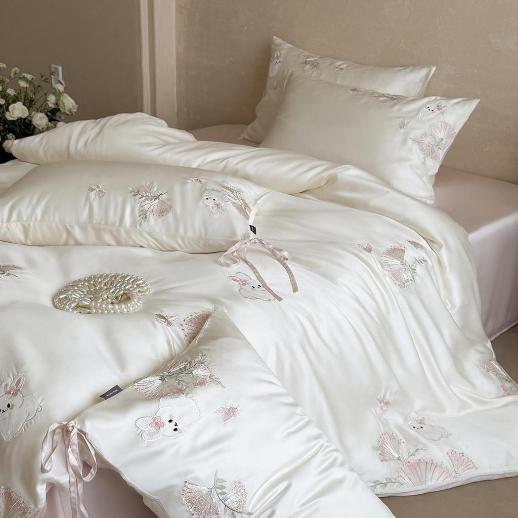 Youthful Rabbit & Blossom Embroidered Orchid Tencel Summer Quilt & Bed Sheet Set - Cool & Silky Duvet Covers