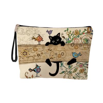 Large Capacity Cat Print Makeup Bag Women's Clutch Bag Student Zipper Pencil Case Storage Bag Fashionable Urban Simple Linen