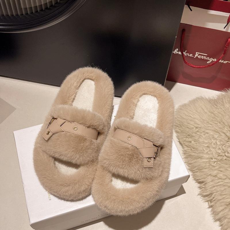 Women's Autumn and Winter New Fur Slippers Fashion Wear Belt Buckle Cotton Slippers