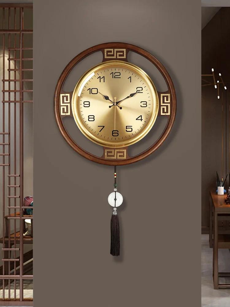 New Chinese style wall clock living room home entrance solid wood wall clock simple atmospheric silent clock