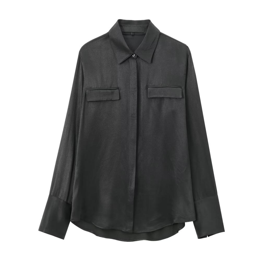 European and American women's clothing 1116 spring new lapel versatile retro double pocket long-sleeved shirt shirt