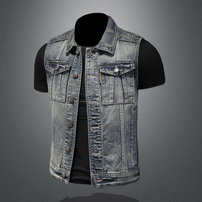 Cross-border European and American Retro Distressed Denim Vest Men's Plus Size Simple Sleeveless Slim Denim Vest MJ5171