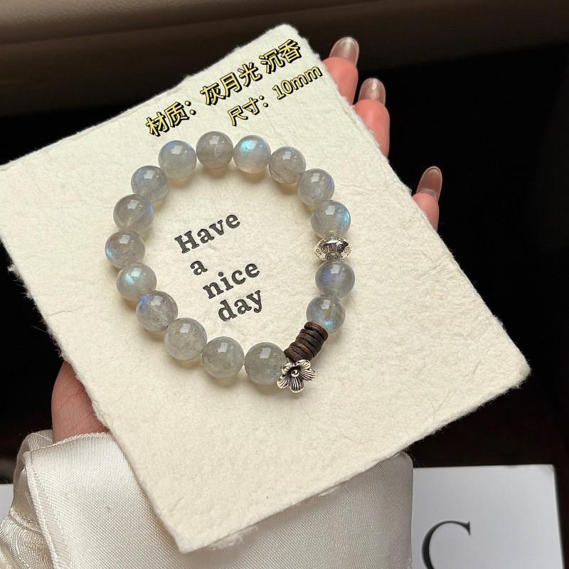 Handmade Gray Moonstone Crystal Bracelet With Agarwood Bead New Chinese Style Zen Womens Single Circle