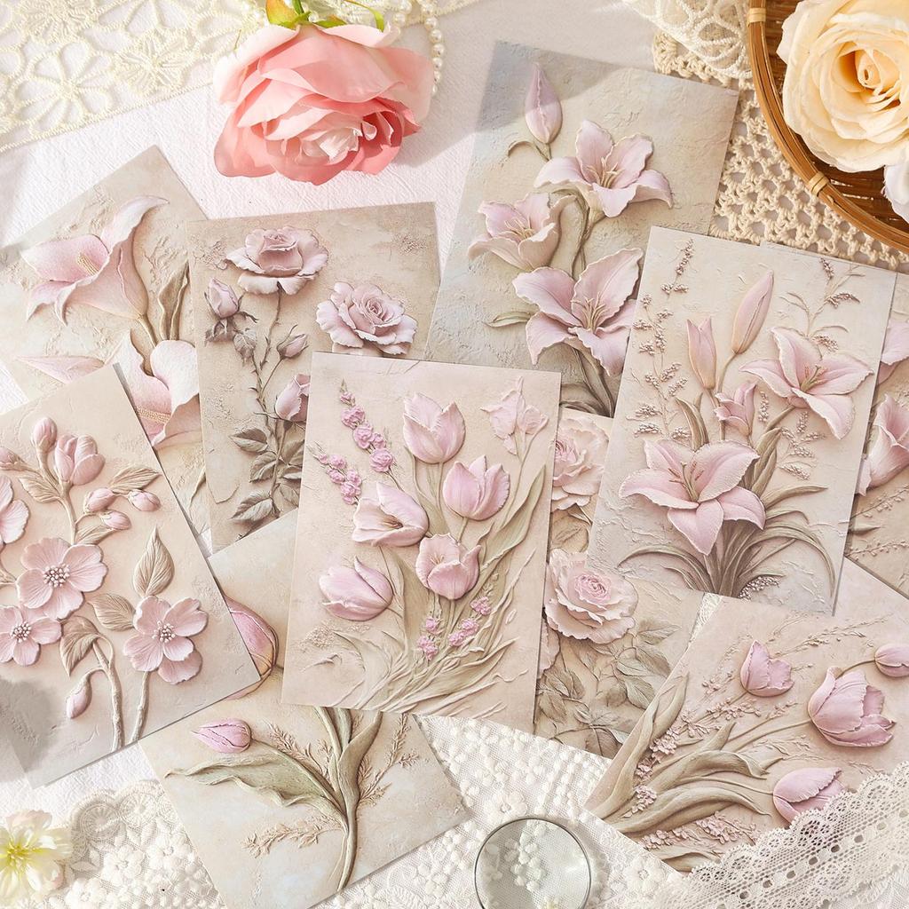 10pcs Relief Aesthetic Flowers Materials Paper DIY Scrapbooking Junk Journal Collage Photo Album Retro Background Paper
