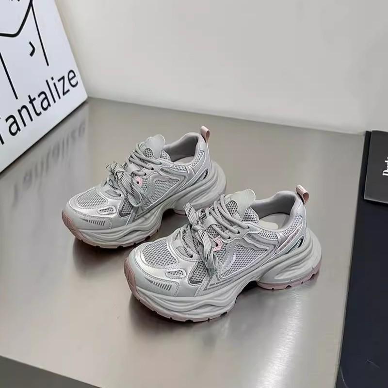 Double color ribbon~ leather thick-soled dad shoes women's 2025 spring models are breathable, lightweight, heightening and small casual sports shoes