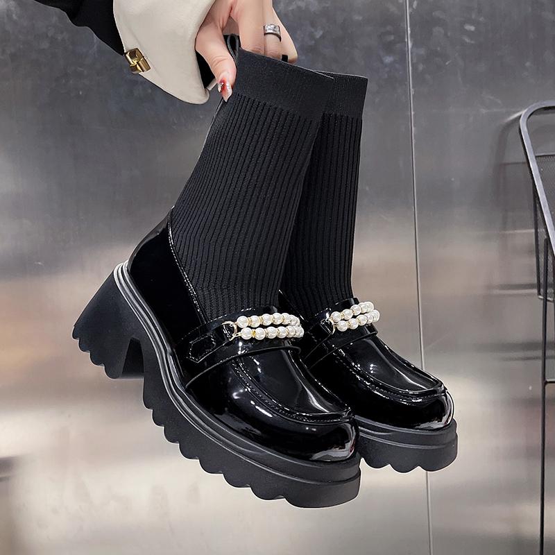 Aphixta Black 6.5cm High Heels Modern Boots Pearl Design Platform Ankle Boots Women Sock Boot Sweet Student Botas Mujer Botines